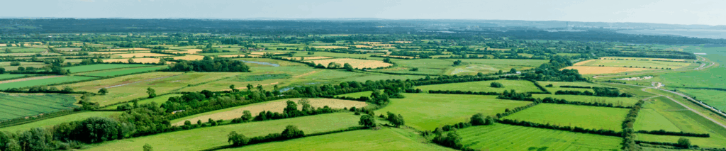 Aerial view of green patchwork countryside fields.