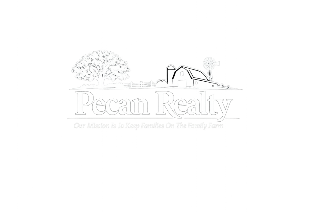 Pecan Realty logo with farm scene White